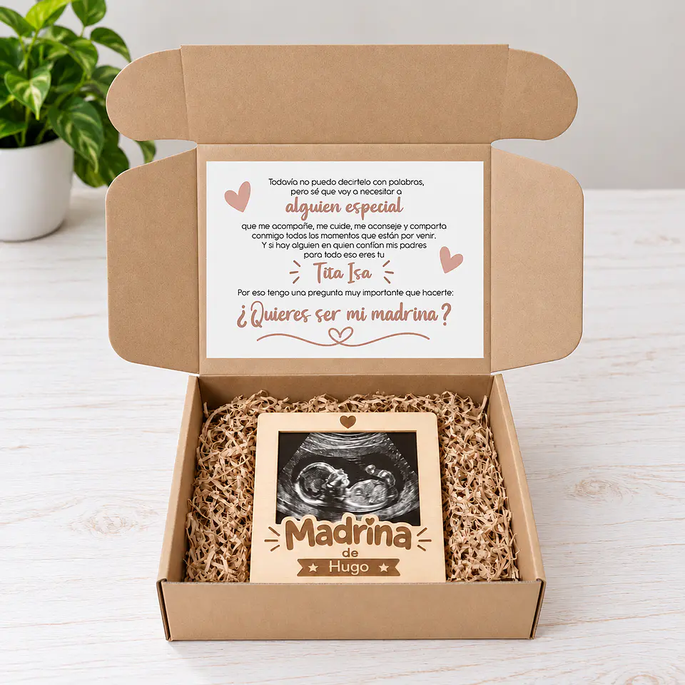 Caja petición padrino o madrina con portafotos de madera grabado personalizado 2