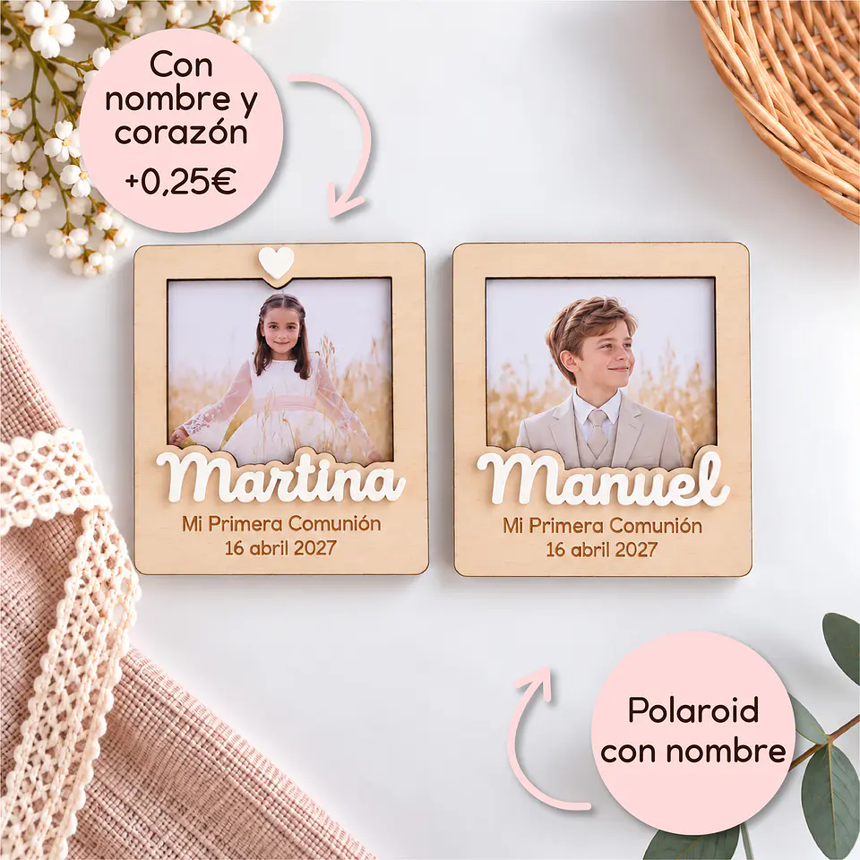 Imán Polaroid de madera personalizado con nombre en metacrilato 3