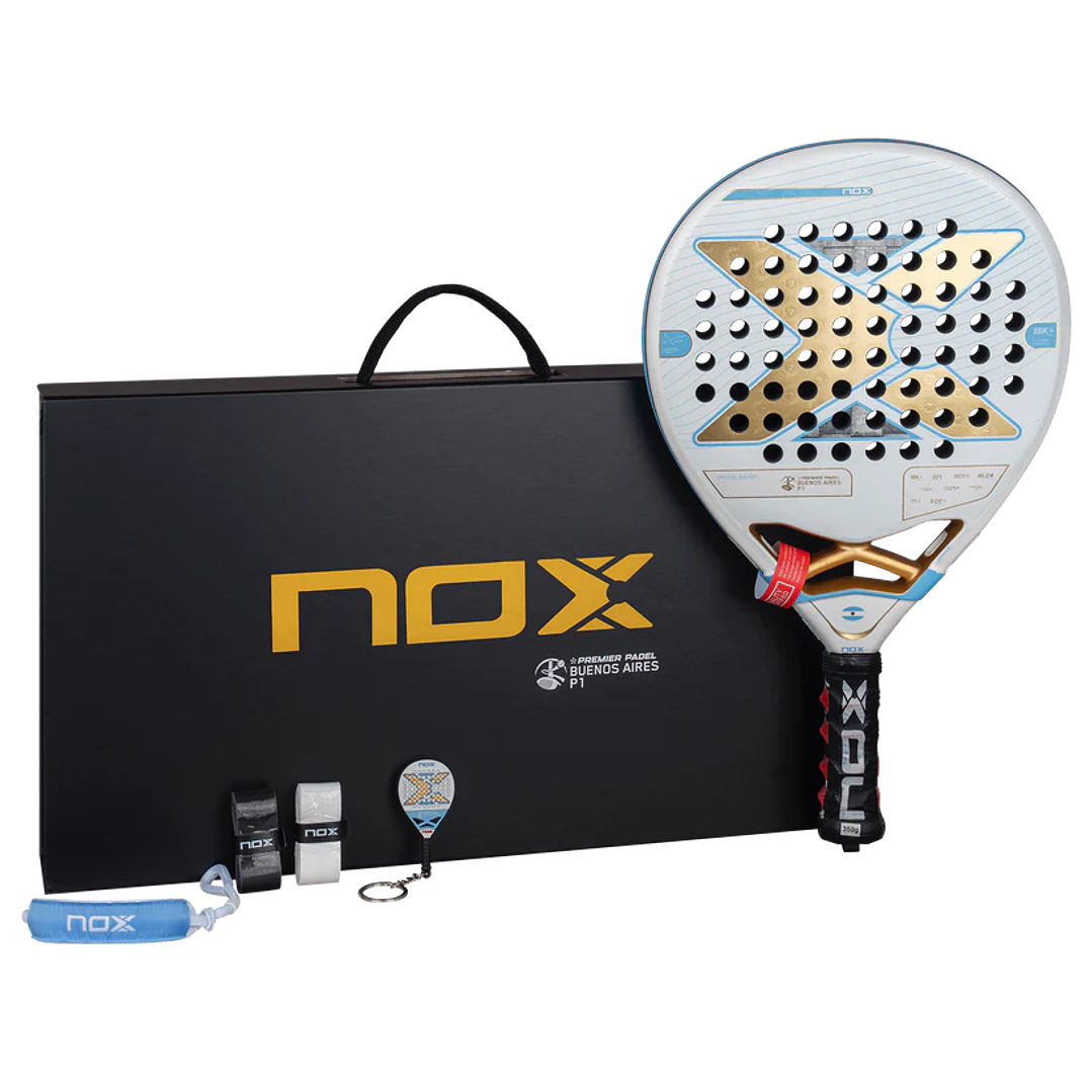 Pala Padel Nox AT10 Luxury Genius 18K Alum Buenos Aires Exclusive Edition 2026 + Overgrip + Protector + Llavero 17