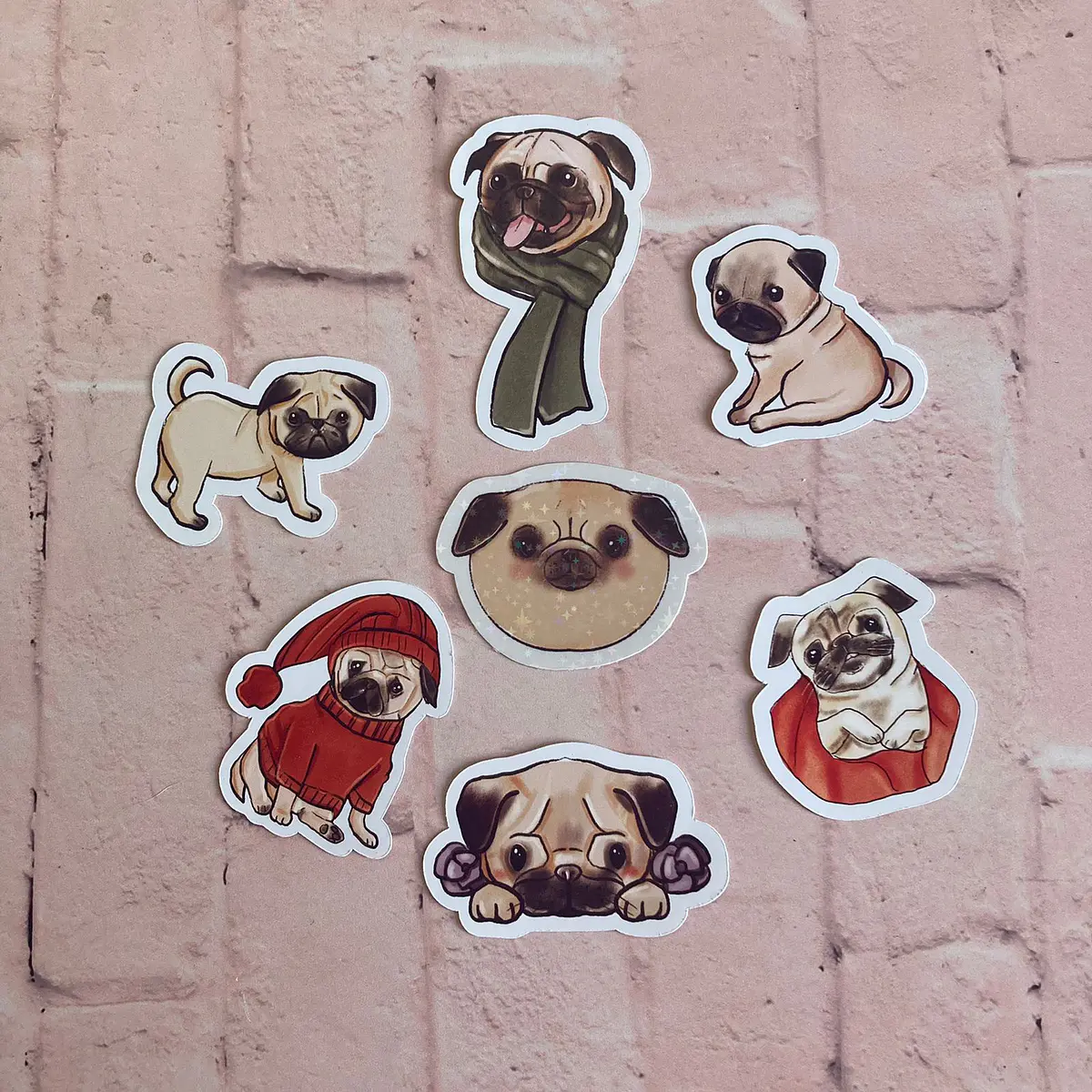 Set de 7 stickers troquelados perritos Pug