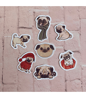 Set de 7 stickers troquelados perritos Pug