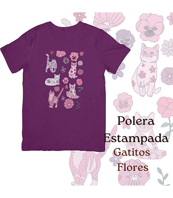 Polera de algodón Estampada Gatitos Florales - Morado