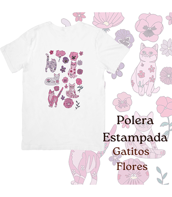 Polera de algodón Estampada Gatitos Florales