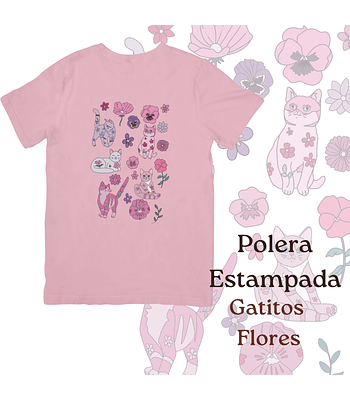 Polera de algodón Estampada Gatitos Florales - rosado