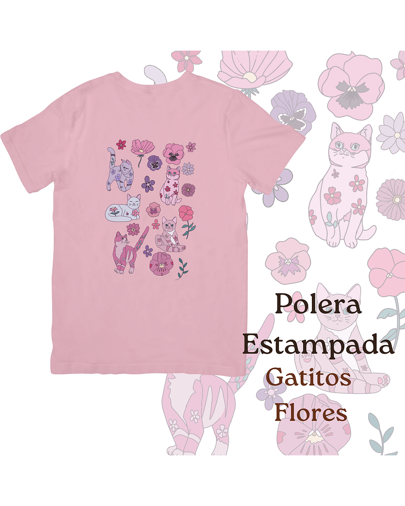 Polera de algodón Estampada Gatitos Florales