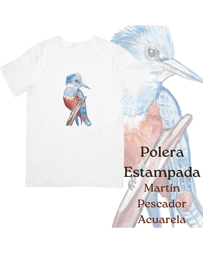 Polera de algodón Estampada Martín Pescador Acuarela 