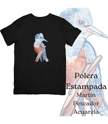 Polera de algodón Estampada Martín Pescador Acuarela  - Negro