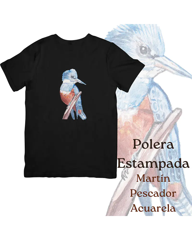 Polera de algodón Estampada Martín Pescador Acuarela 