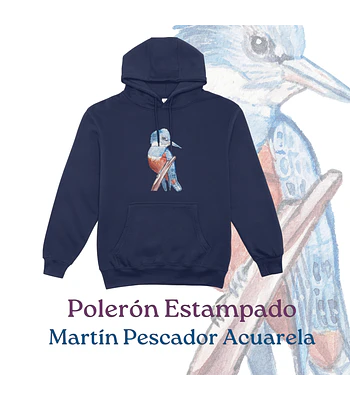 Polerón Canguro Estampado Martín Pescador Acuarela - azul marino