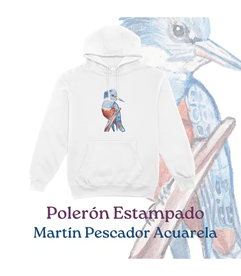 Polerón Canguro Estampado Martín Pescador Acuarela - Blanco