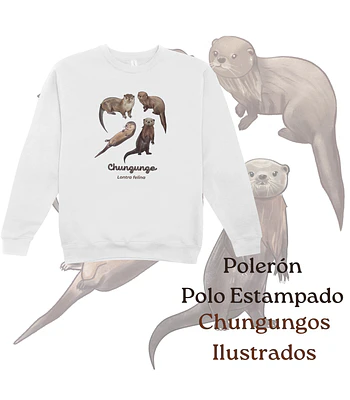 Poleron Polo estampado Chungungos Ilustrados, fauna chilena - Blanco