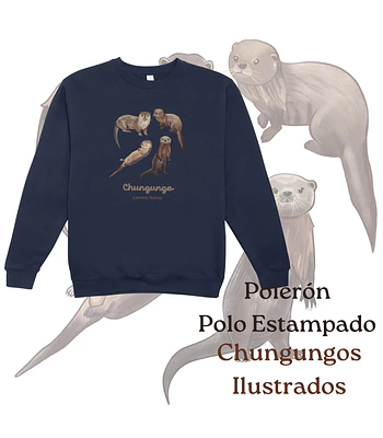 Poleron Polo estampado Chungungos Ilustrados, fauna chilena - Azul marino