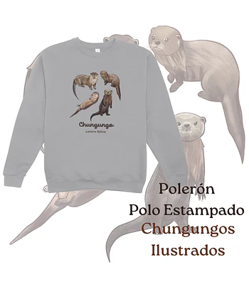Poleron Polo estampado Chungungos Ilustrados, fauna chilena - gris