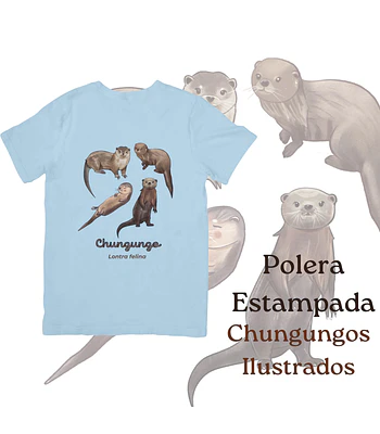 Polera de algodón Estampada Chungungos Ilustrados, fauna chilena - celeste