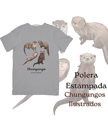 Polera de algodón Estampada Chungungos Ilustrados, fauna chilena - gris