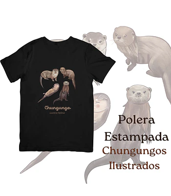 Polera de algodón Estampada Chungungos Ilustrados, fauna chilena - Negro