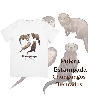 Polera de algodón Estampada Chungungos Ilustrados, fauna chilena - Blanco