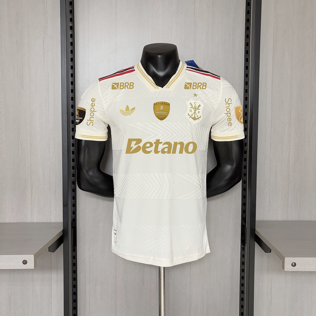 Camisa Flamengo Branca e Dourada – versão jogador - TODOS PATROCINIOS  - PATCH 2025 libertadores 1