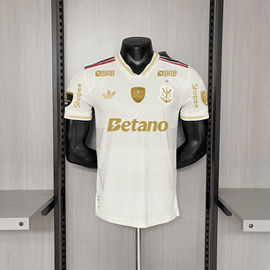 Camisa Flamengo Branca e Dourada – versão jogador - TODOS PATROCINIOS  - PATCH 2025 libertadores