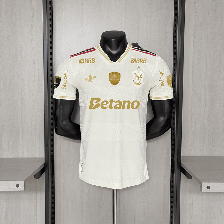 Camisa Flamengo Branca e Dourada – versão jogador - TODOS PATROCINIOS  - PATCH 2025 libertadores 1