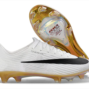 Chuteira Nike Air Zoom Mercurial Vapor 17 Elite FG - Branco, Preto e Dourado