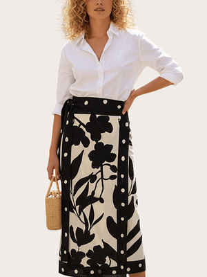 Falda Pareo Hojas y Flores Negras