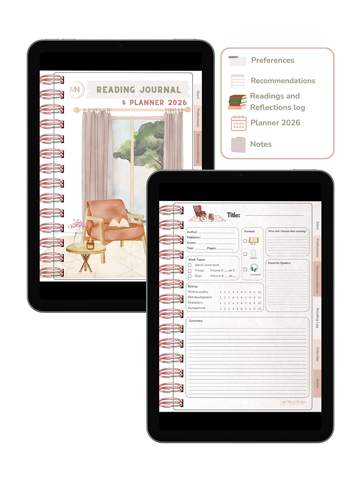Interactive Reading Journal & 2026 Planner. Mood Nooks - English 1