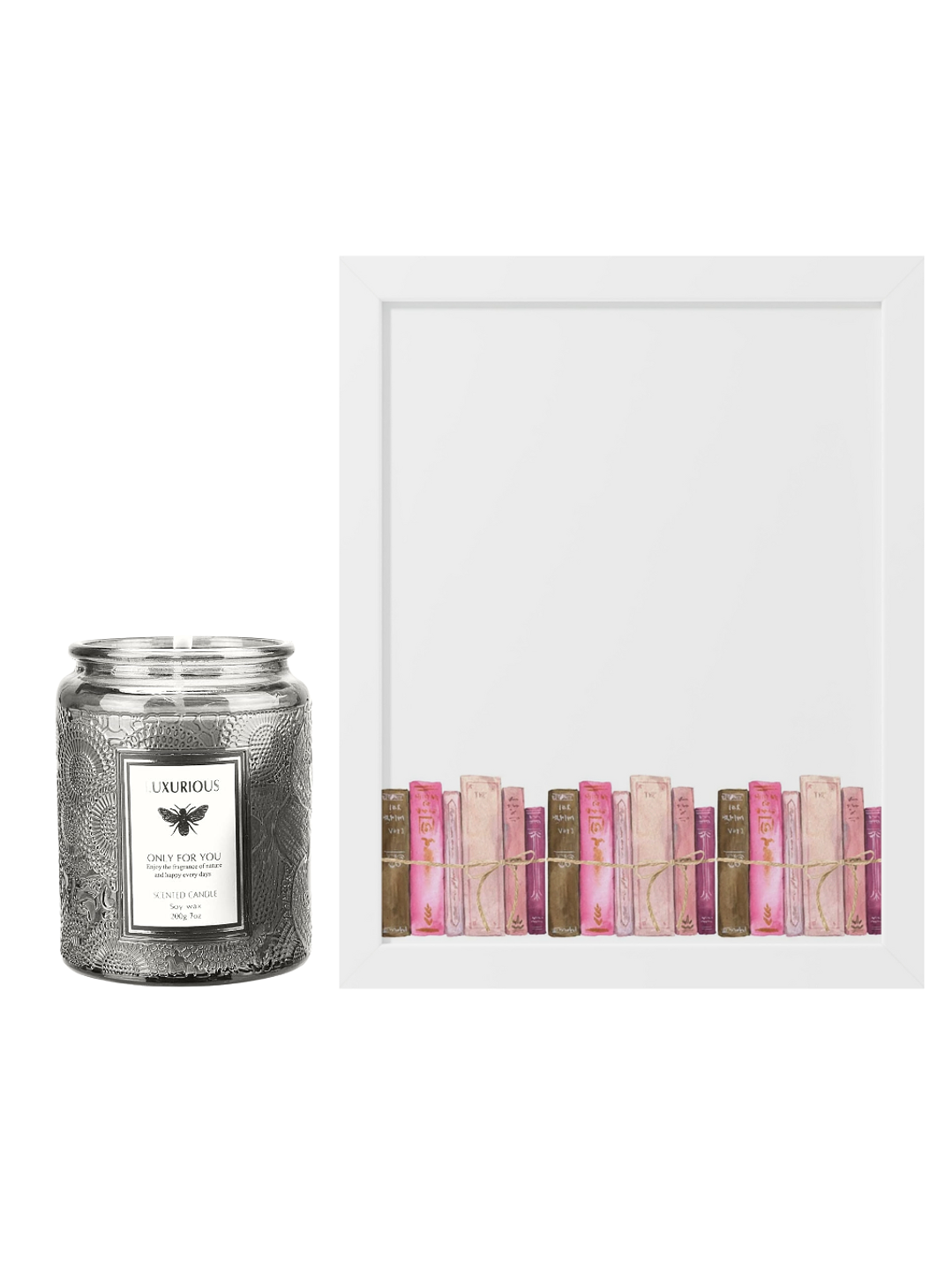 Set Esencia Mood: Cuadro Colección de Libros + Vela aromática Misty Forest 1