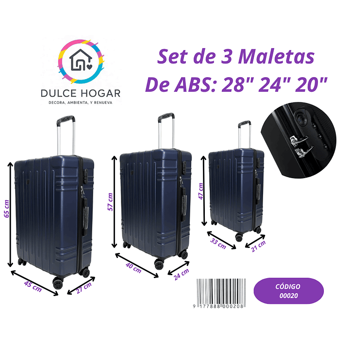 Set de 3 maletas AZUL OSCURO de material ABS de 28