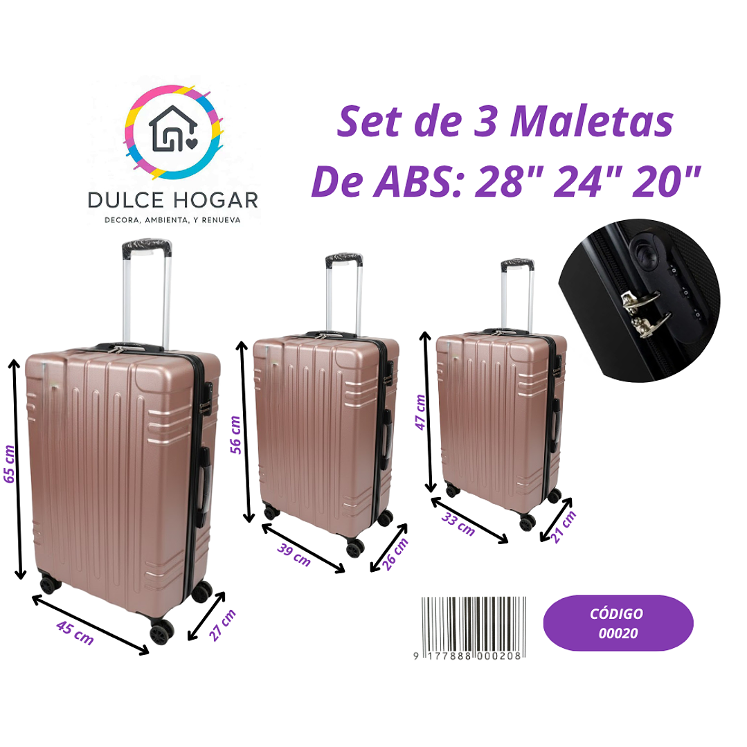 Set de 3 maletas rosa metálico de material ABS de 28