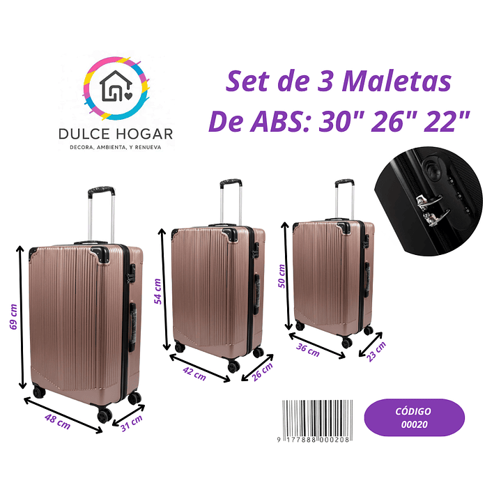 Set de 3 maletas rosa metálico de material ABS de 30