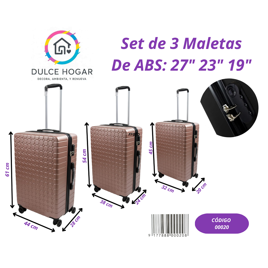 Set de 3 maletas rosa metálico de material ABS de 27