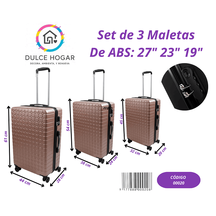 Set de 3 maletas rosa metálico de material ABS de 27