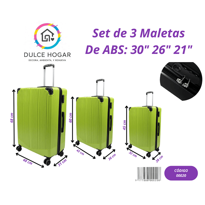Set de 3 maletas VERDE LIMÓN de material ABS de 30