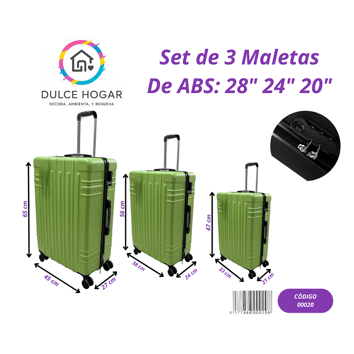 Set de 3 maletas VERDE de material ABS de 30