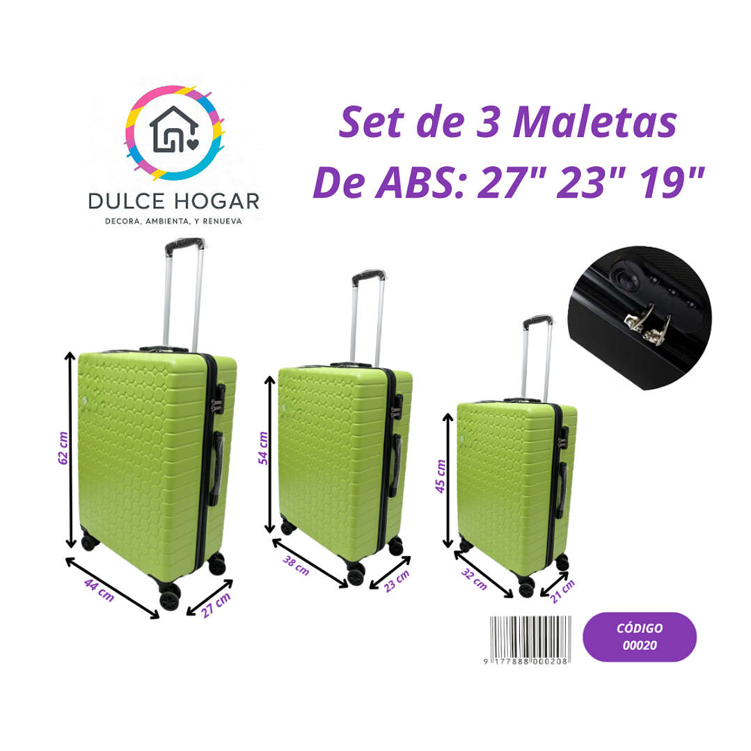 Set de 3 maletas VERDE LIMÓN de material ABS de 27