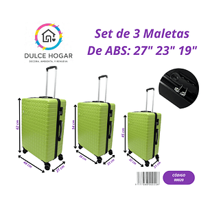 Set de 3 maletas VERDE LIMÓN de material ABS de 27