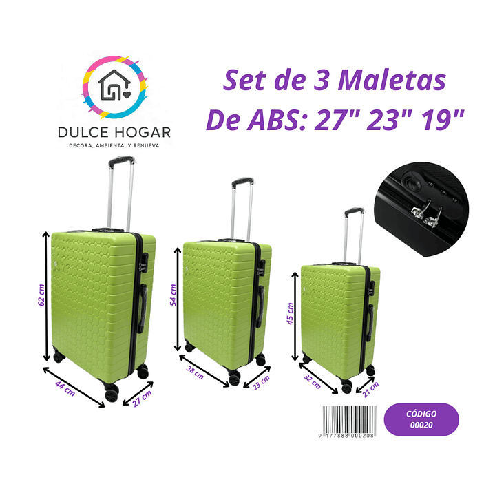 Set de 3 maletas VERDE LIMÓN de material ABS de 27