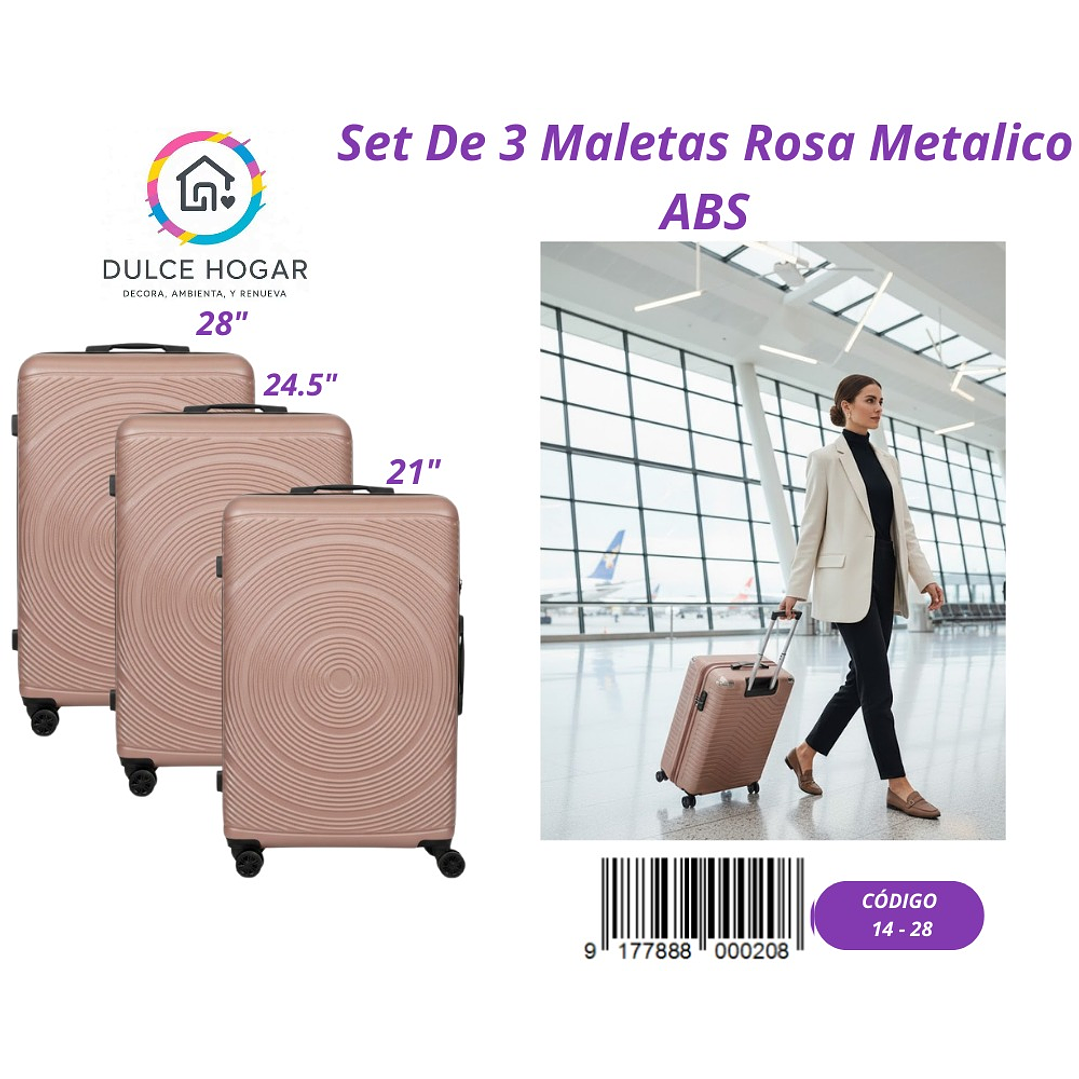 SET DE 3 MALETAS ROSA METALICOS DE ABS  1