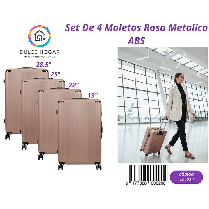 SET DE 4 MALETAS ROSA METALICO DE ABS  1