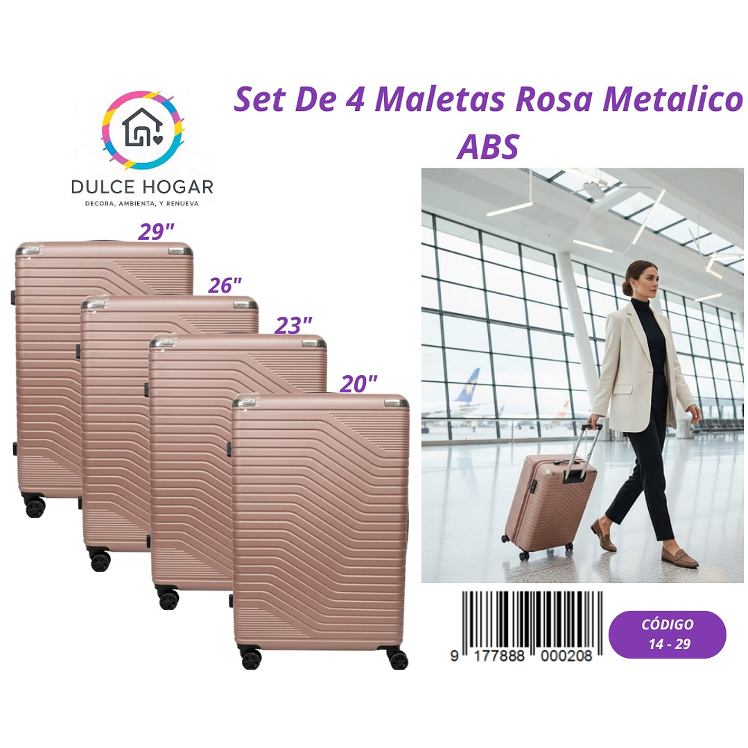 SET DE 4 MALETAS ROSA METALICO DE ABS  1