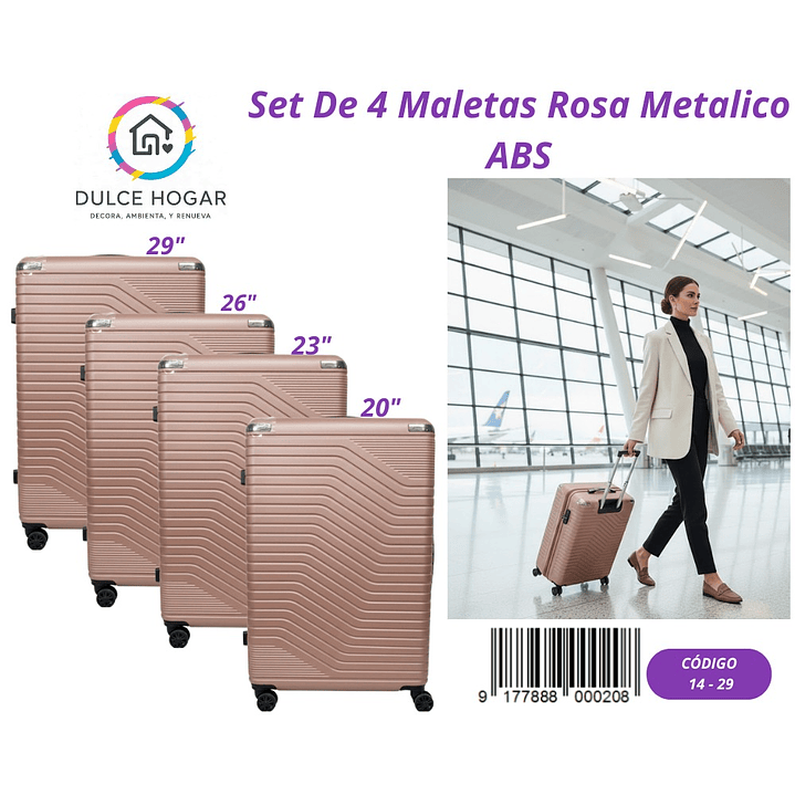 SET DE 4 MALETAS ROSA METALICO DE ABS  1