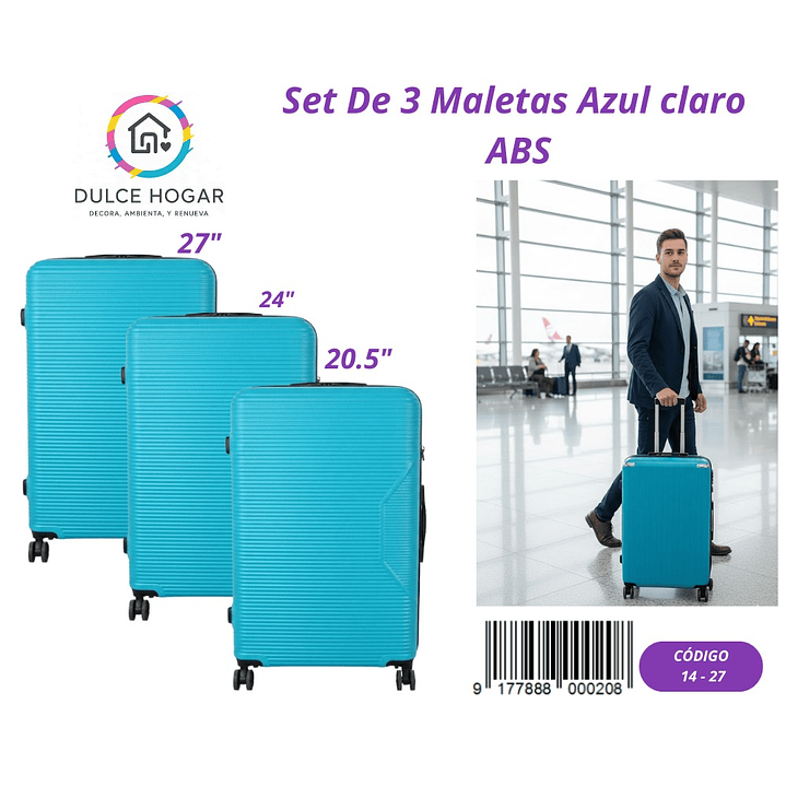 SET DE 3 MALETAS AZUL CLARO DE ABS  1