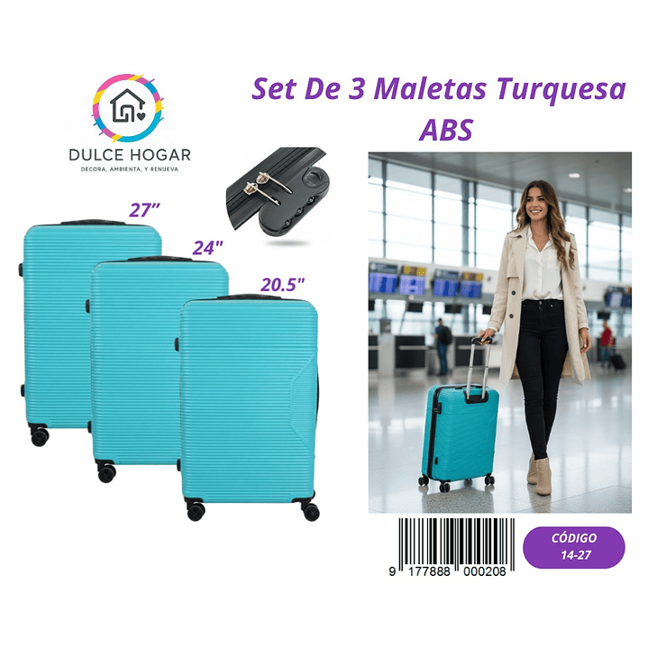 SET DE 3 MALETAS TURQUESA DE ABS  1