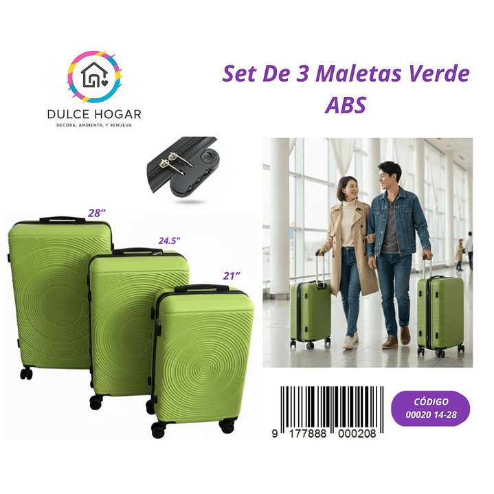SET DE 3 MALETAS VERDE DE ABS  1