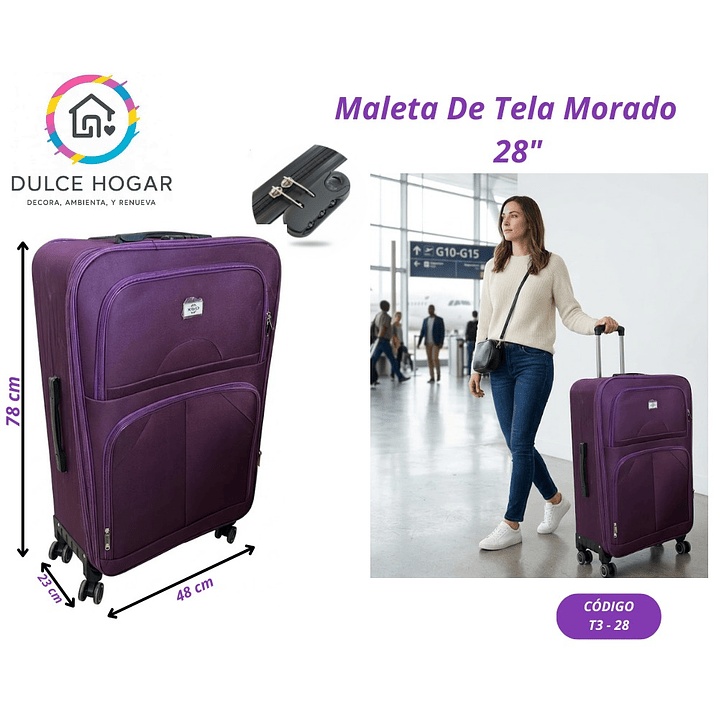 MALETA DE TELA MORADO DE CUADROS 28´´ 1