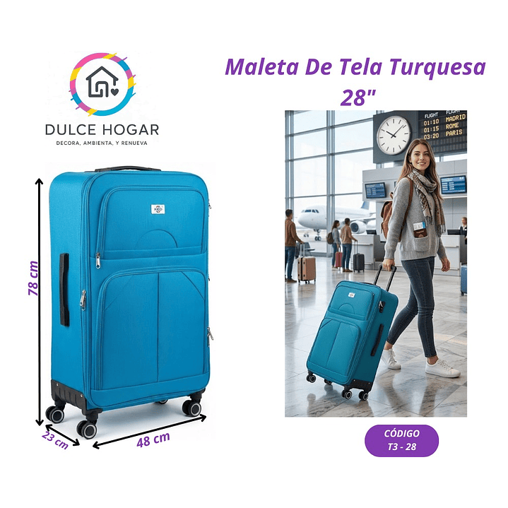 MALETA DE TELA TURQUESA DE CUADROS 28´´ 1