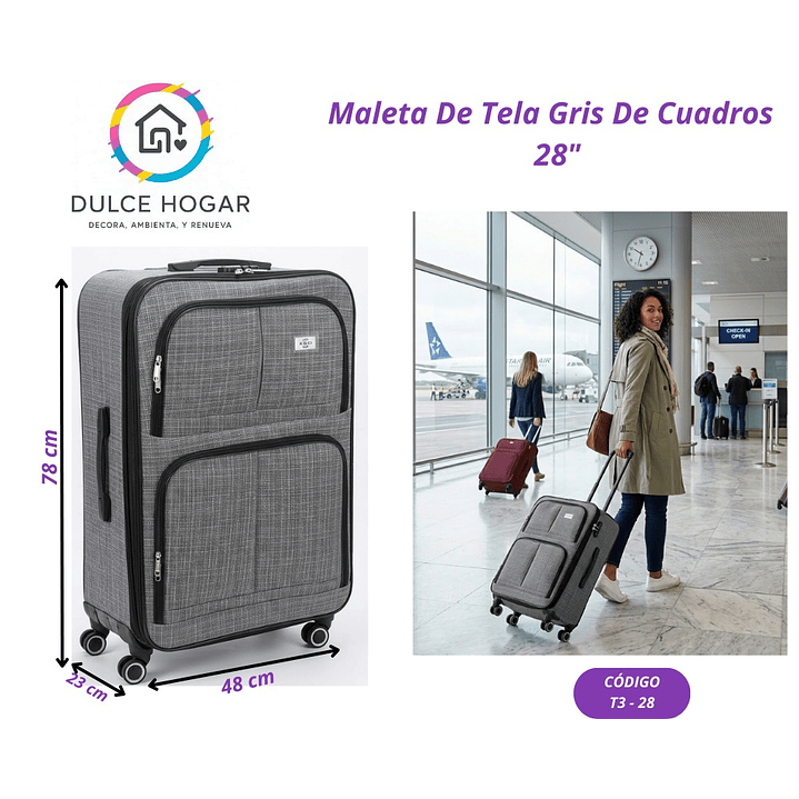 MALETA DE TELA GRIS DE CUADROS 28´´ 1