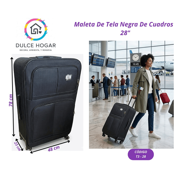 MALETA DE TELA NEGRA DE CUADROS 28´´ 1