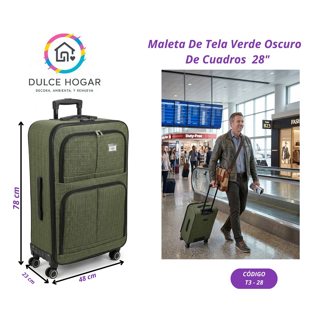 MALETA DE TELA VERDE OSCURO DE CUADROS 28´´ 1